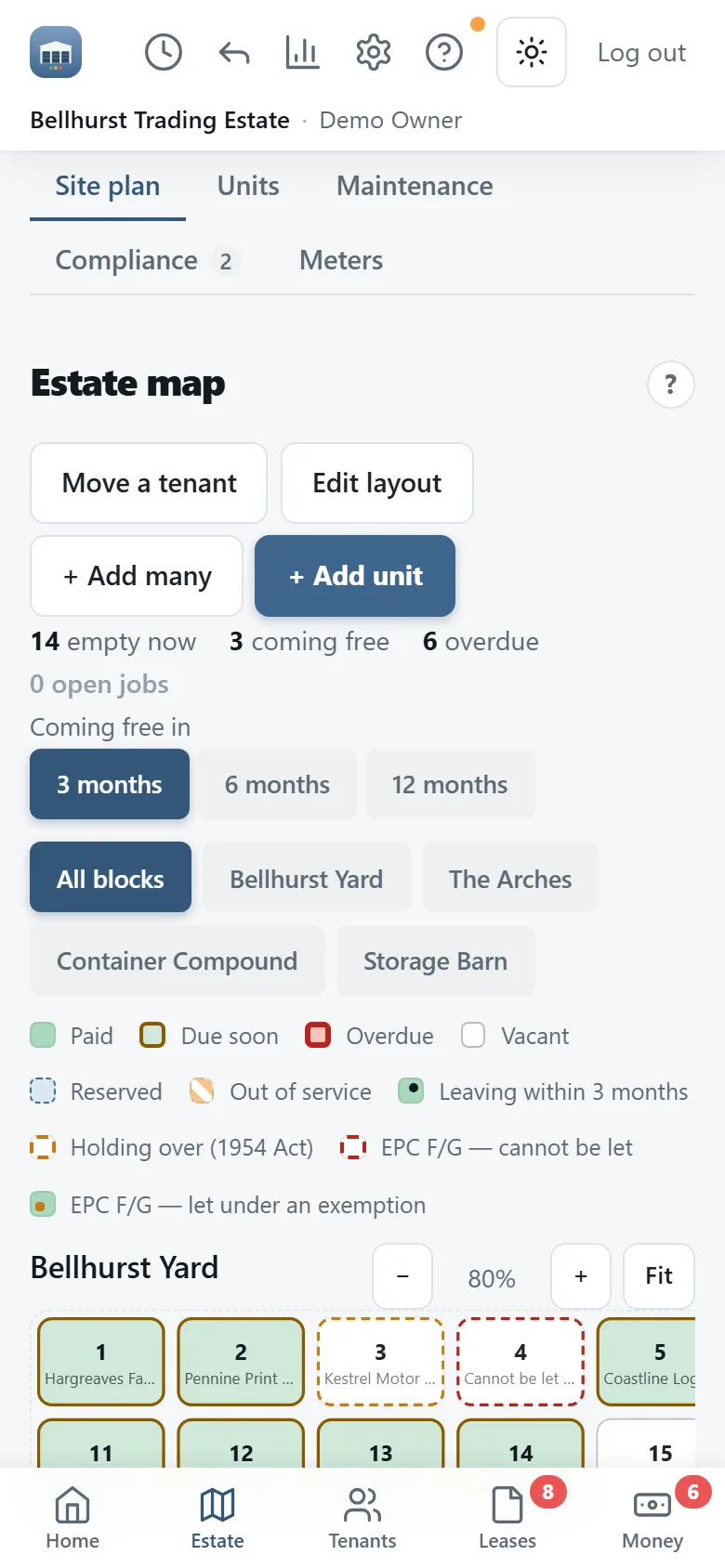 Bellhurst's estate map on an Android phone: the colour key for paid, due soon, overdue and vacant, the coming-free period, the block buttons, and Bellhurst Yard's three terraces as coloured tiles with their tenants' names.